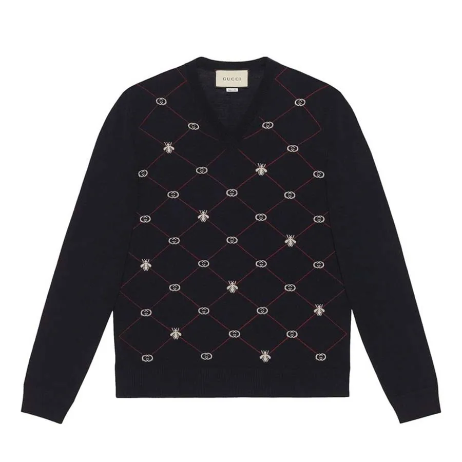 Áo Len Nam Gucci Jacquard-Motif V-Neck Jumper Màu Xanh Navy Size XS ...