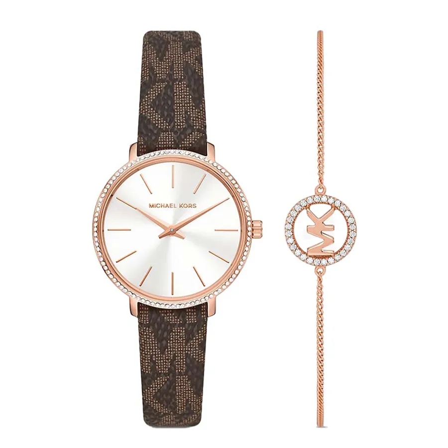 Michael Kors - Set Đồng Hồ Nữ Michael Kors Two-Hand Brown PVC Watch And Bracelet MK1036 Màu Nâu - Vua Hàng Hiệu