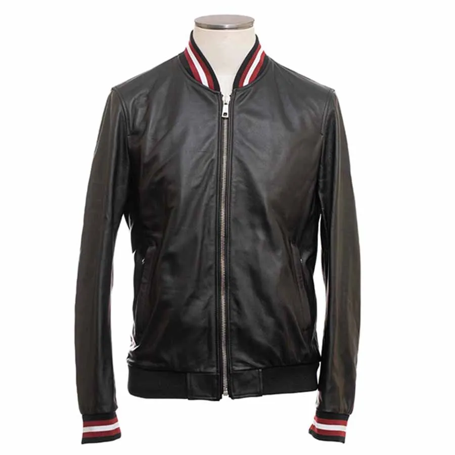 Thời trang Áo Bomber - Áo Bomber Nam Bally Lambskin Leather Jacket Màu Đen - Vua Hàng Hiệu