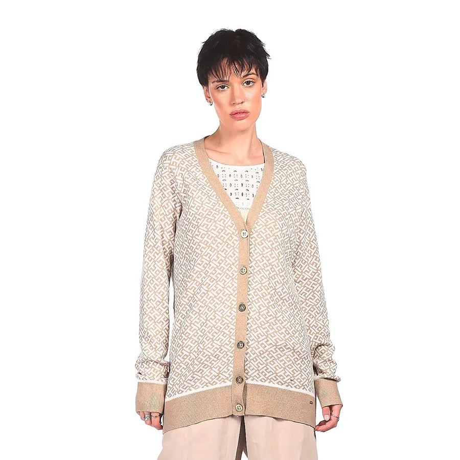 Thời trang - Áo Cadigan Nữ Tommy Hilfiger Women Beige Brand Monogram Patterned Weave Sweater Màu Be - Vua Hàng Hiệu