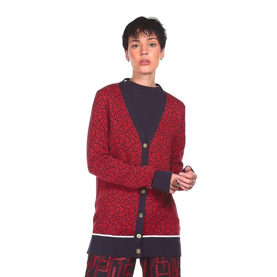 Thời trang - Áo Cardigan Nữ Tommy Hilfiger Women Red Brand Patterned Weave Sweater Màu Đỏ Họa Tiết Size XXS - Vua Hàng Hiệu