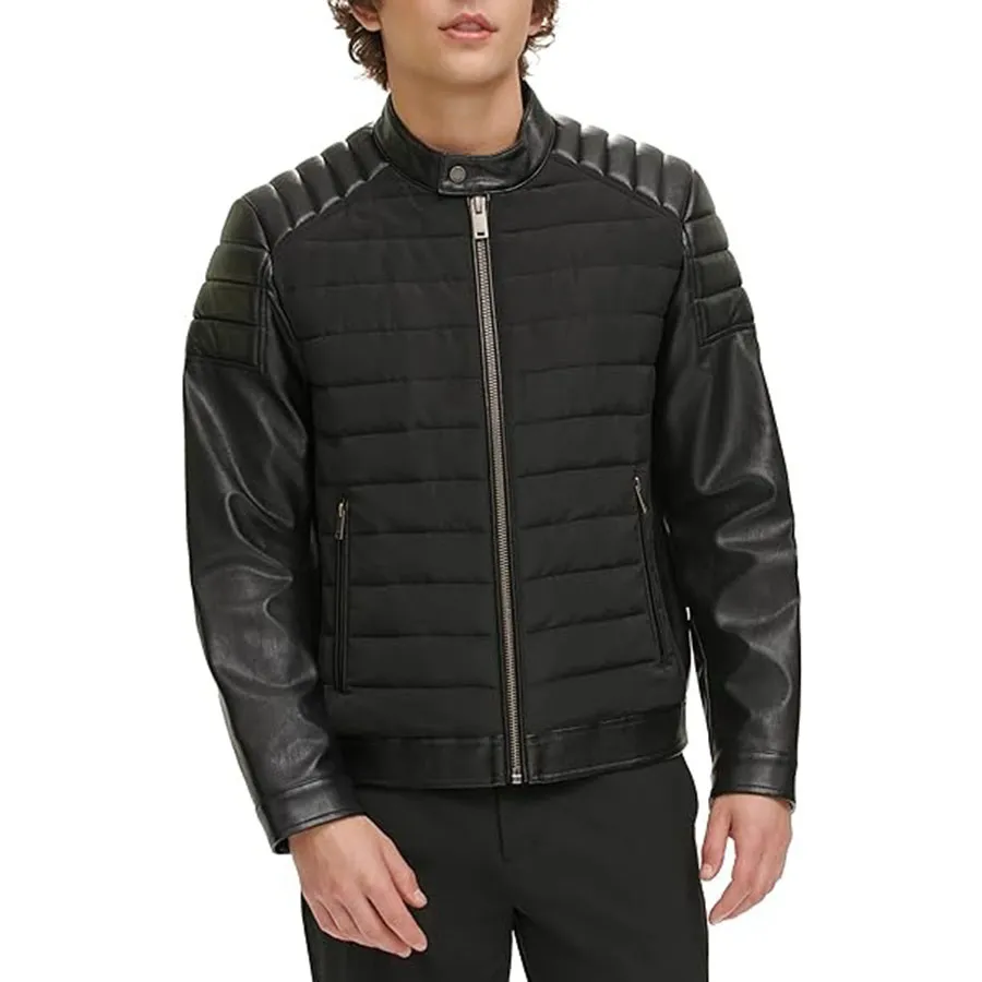 DKNY - Áo Khoác Nam DKNY Men's Mixed Media Faux Leather Puffer Motocros Racer Jacket DX0MU014 BLK Màu Đen Size S - Vua Hàng Hiệu
