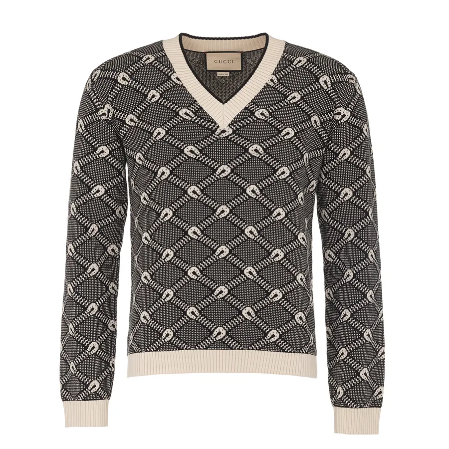 Thời trang Cotton, Cashmere - Áo Len Nam Gucci V-Neck Jacquard Jumper 703112 Màu Đen Trắng Size XS - Vua Hàng Hiệu