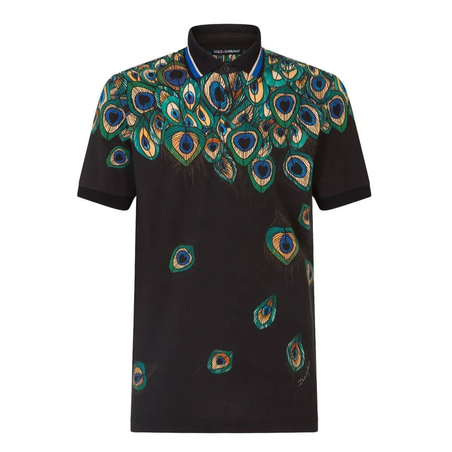 Dolce & Gabbana Áo Polo - Áo Polo Nam Dolce & Gabbana D&G Cotton Feather-Print Piqué Polo Shirt F8KK1T Màu Đen Họa Tiết Size 48 - Vua Hàng Hiệu