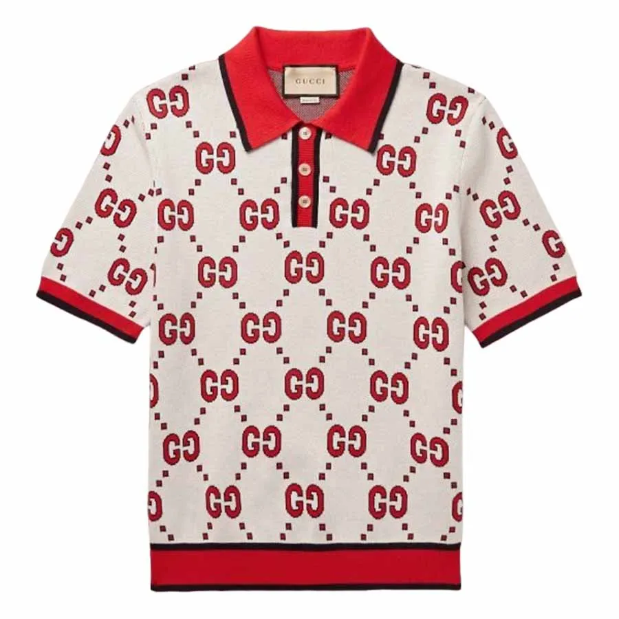Áo Polo Nam Gucci GG Knitted Cotton Shirt 740556XKC6C_9176 Màu Trắng Đỏ ...