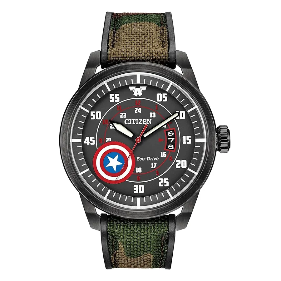 Citizen Xanh quân đội Thép không gỉ, dây vải Eco-Drive (năng lượng bằng ánh sáng) - Đồng Hồ Nam Citizen Captain America Eco-Drive Watch AW1367-05W Màu Xanh Quân Đội - Vua Hàng Hiệu