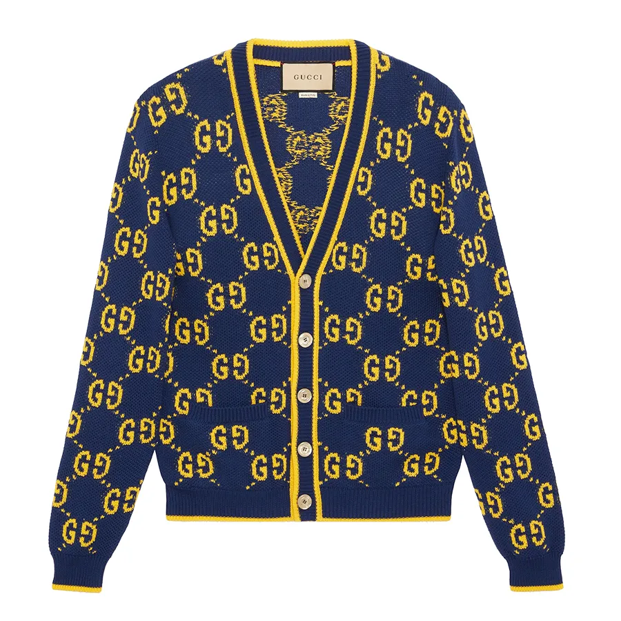 Áo Len Cardigan Nam Gucci GG Knit Cotton Piquet Màu Xanh/Vàng Size S ...