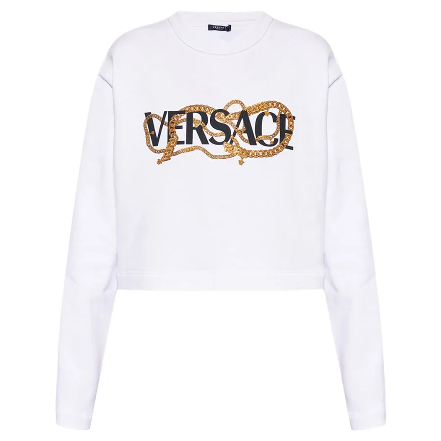 Thời trang Vải nỉ cao cấp - Áo Nỉ Sweater Nữ Versace White With Chain Logo Printed 1004133 1A01174 1W000 Màu Trắng - Vua Hàng Hiệu