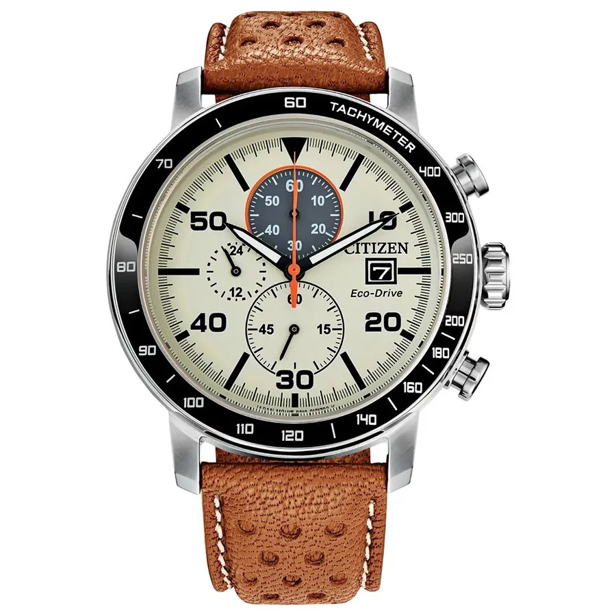 Citizen Thép không gỉ, dây da Eco-Drive (năng lượng bằng ánh sáng) - Đồng Hồ Nam Citizen Eco-Drive CA0641-32X Brycen Leather Strap Màu Nâu Trắng - Vua Hàng Hiệu