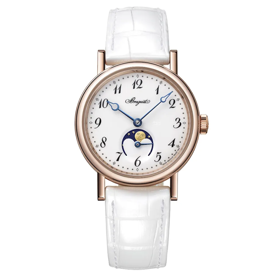 Đồng hồ Vàng hồng 18k, dây da - Đồng Hồ Nữ Breguet Classique Automatic Moonphase 30mm 9087BR/29/964 Màu Trắng - Vua Hàng Hiệu