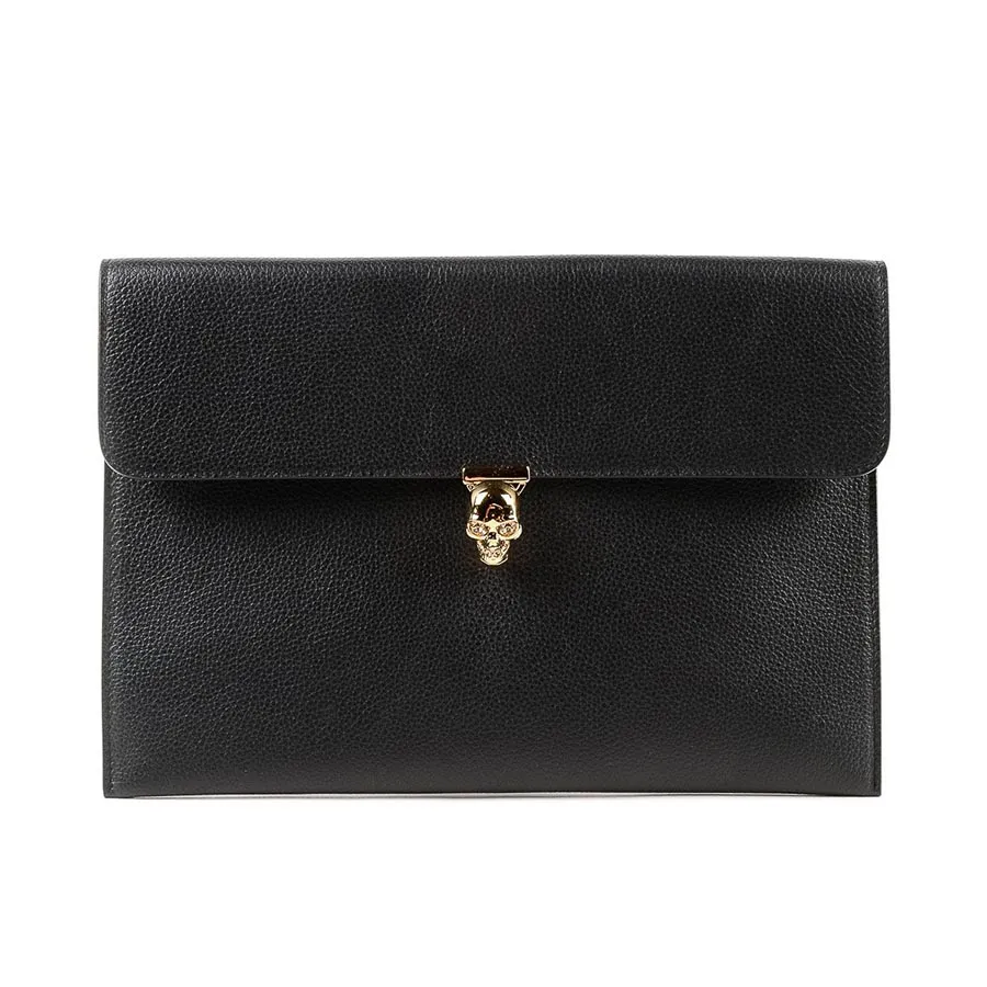 Túi xách Alexander Mcqueen - Túi Cầm Tay Nam Alexander Mcqueen Skull Black Grained Leather Clutch Màu Đen - Vua Hàng Hiệu