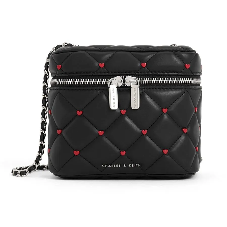 Túi Đeo Chéo Nữ Charles & Keith CNK Nezu Quilted Heart-Print Bag CK2-80271114-A Black Màu Đen