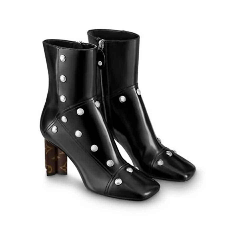 Giày Louis Vuitton - Giày Boot Nữ Louis Vuitton LV Monogram Casual Style Studded Plain Leather Block Heels Màu Đen Size 36 - Vua Hàng Hiệu