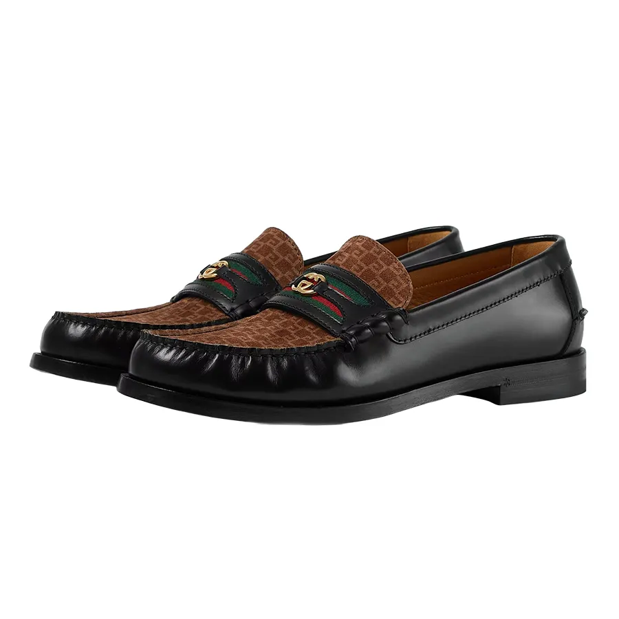 Giày Gucci Nam - Giày Lười Nam Gucci Loafer With Interlocking G Black Leather Monogram 644724 Màu Nâu Đen Size 5 - Vua Hàng Hiệu