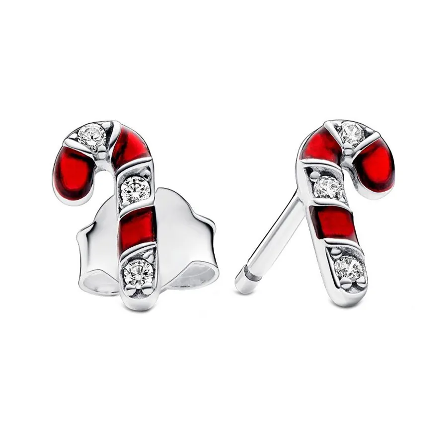 Trang sức Pandora Bạc sterling, đá zirconia - Khuyên Tai Nữ Pandora Sparkling Red Candy Cane Stud Earrings 292996C01 Màu Bạc Đỏ - Vua Hàng Hiệu
