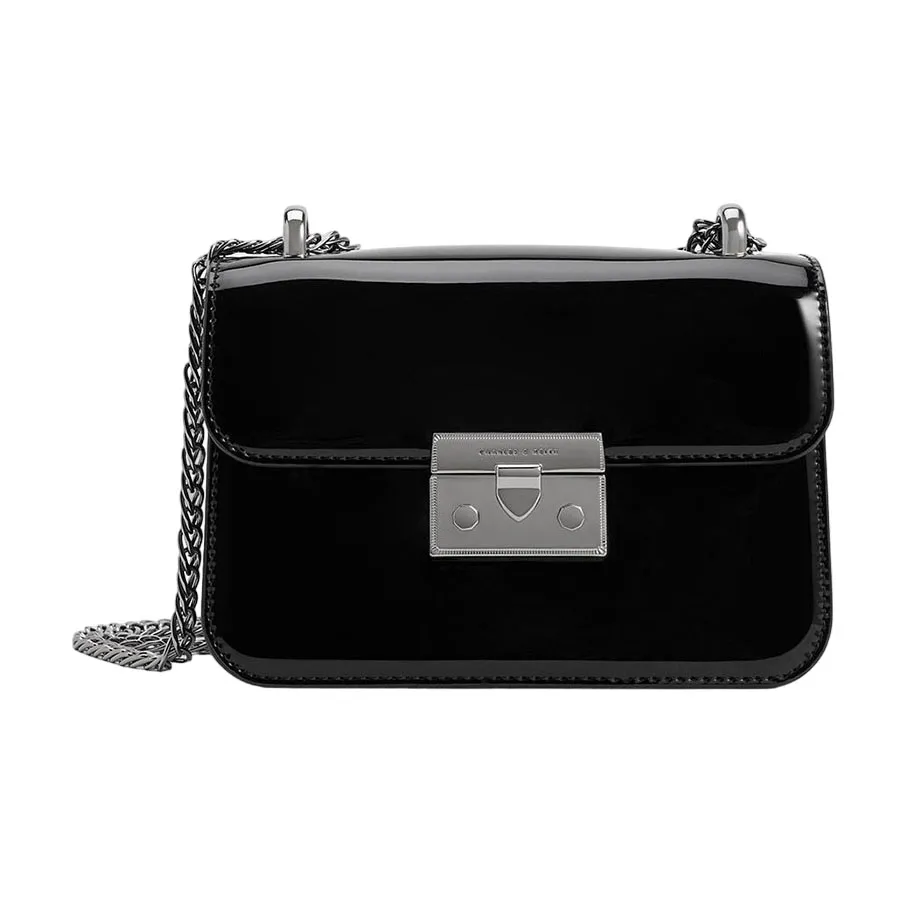 Túi Đeo Chéo Nữ Charles & Keith CNK Alia Patent Chain-Strap Crossbody Bag Black CK2-80701391 Màu Đen