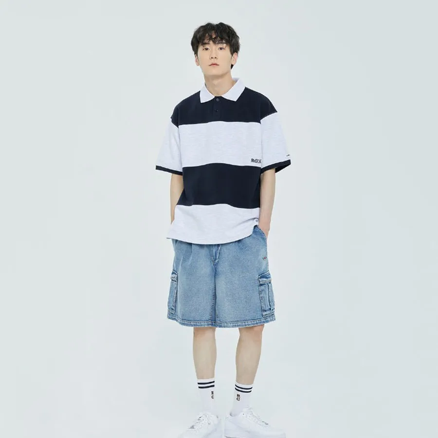★2023SS新作★ROMANTIC CROWN★STRIPE RUGBY POLO Áo Polo Romantic Crown Stripe Rugby Màu Đen Xám | Vua Hàng Hiệu