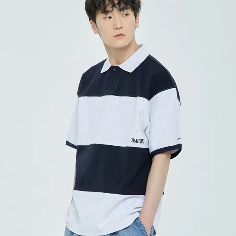 ★2023SS新作★ROMANTIC CROWN★STRIPE RUGBY POLO Áo Polo Romantic Crown Stripe Rugby Màu Đen Xám | Vua Hàng Hiệu