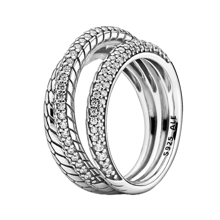 Trang sức Nhẫn - Nhẫn Nữ Pandora Triple Band Pavé Snake Chain Pattern Sterling Silver Ring 199083C01 Màu Bạc Size 52 - Vua Hàng Hiệu