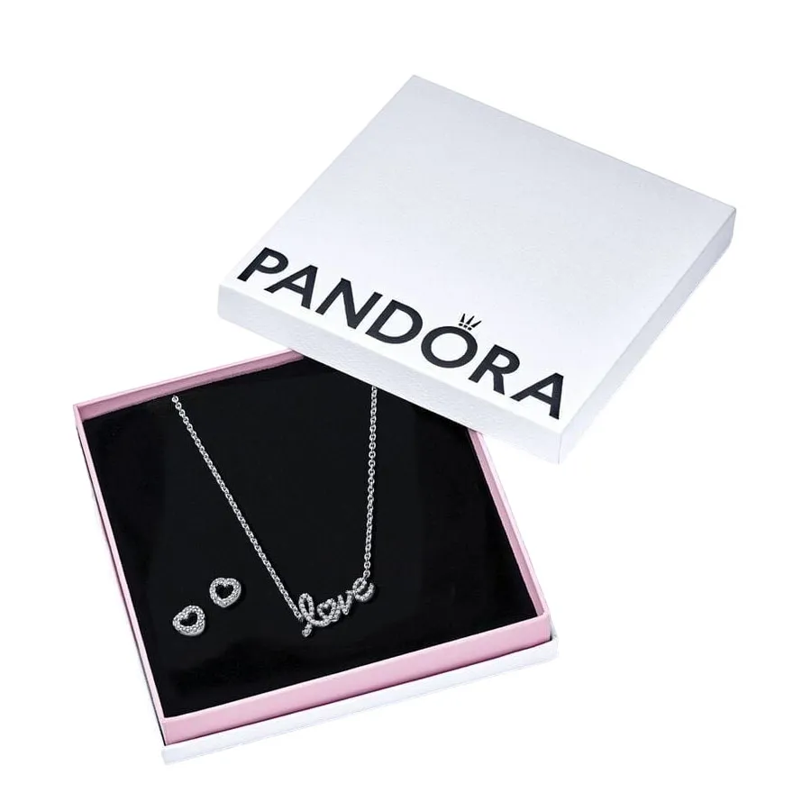 Trang sức Pandora Bạc sterling, đá zirconia - Set Dây Chuyền + Khuyên Tai Nữ Pandora Love Necklace & Earrings Gift Set B803110 Màu Bạc - Vua Hàng Hiệu