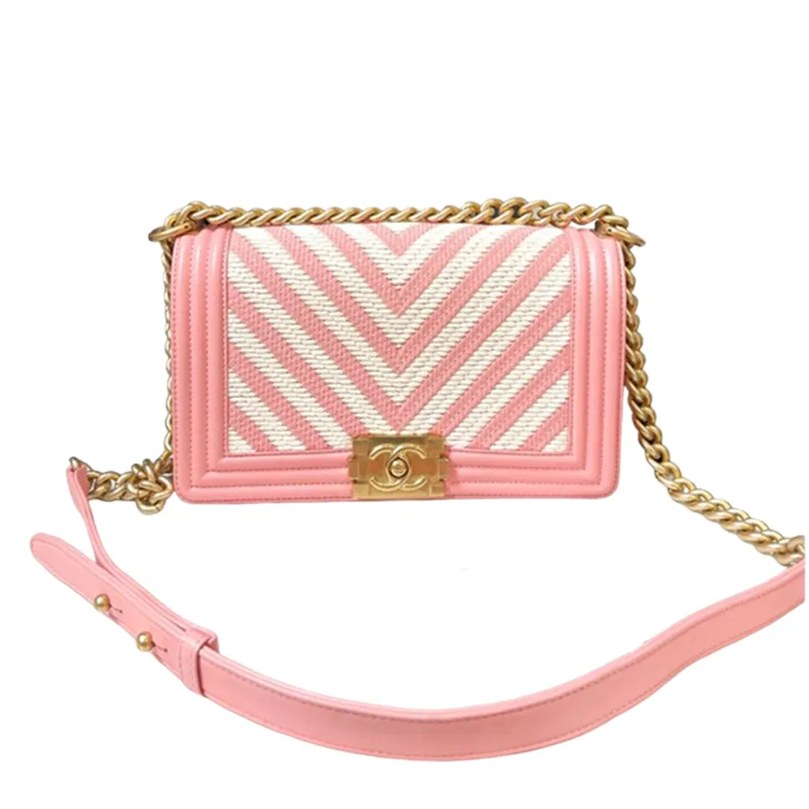 Túi xách Da / Vải - Túi Đeo Chéo Nữ Chanel Pink/White Chevron Braided Fabric and Leather Medium Boy Flap Bag Màu Hồng Trắng - Vua Hàng Hiệu