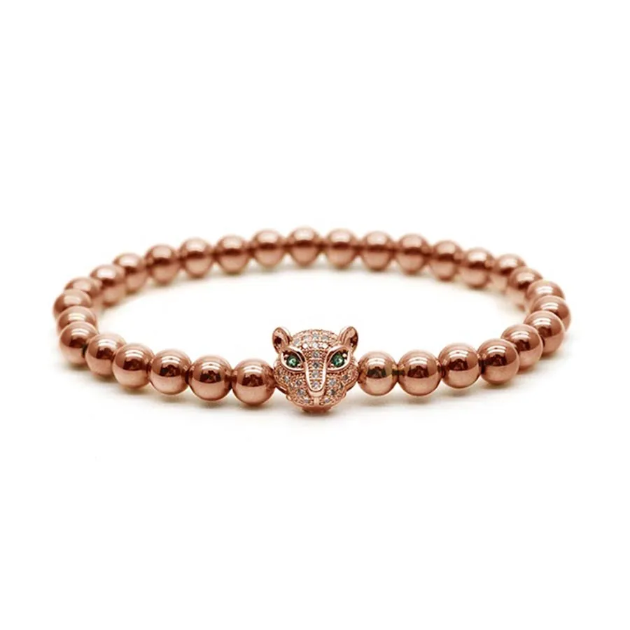 Vòng Đeo Tay Viya Jewelry VJ-BRV204 GD Leopard Rose Gold 6mm Beads, 316L Stainless Steel Màu Vàng Hồng Size 17.5cm