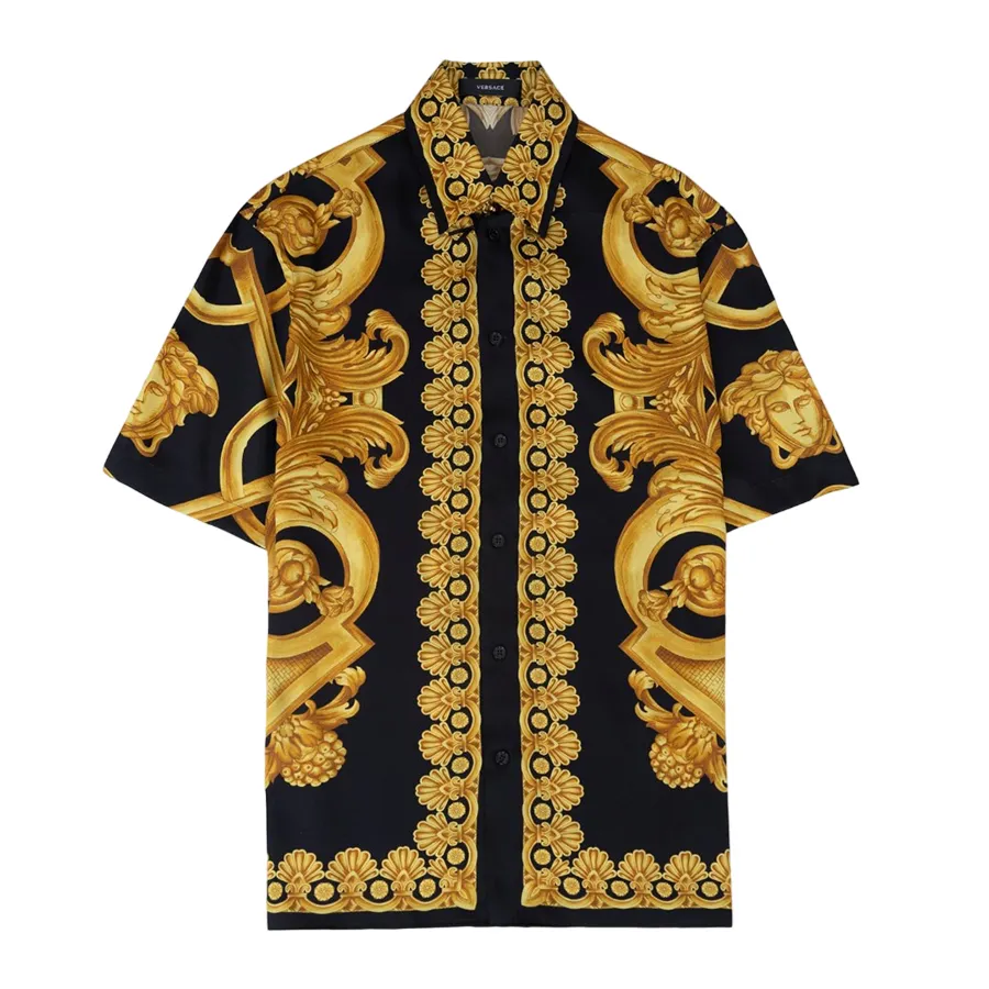 Thời trang Polyester - Áo Sơ Mi Nam Versace Black With Baroque Logo Printed 1010103 1A10490 5B000 Màu Vàng Đen - Vua Hàng Hiệu