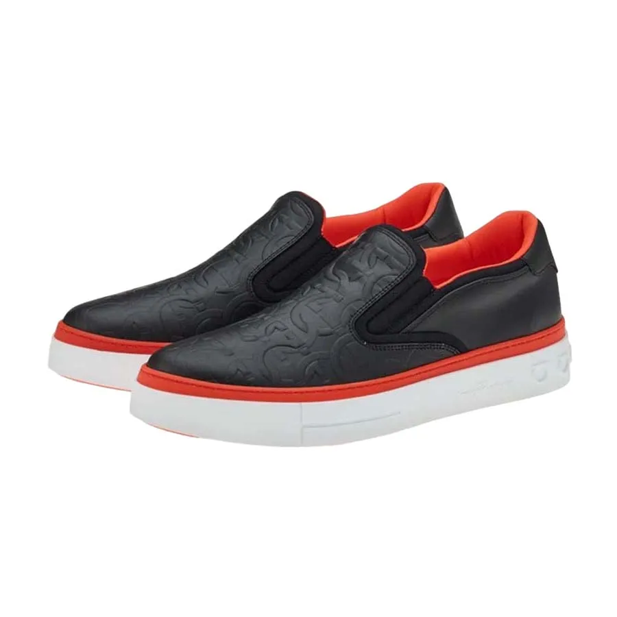 Giày Giày Slip On - Giày Slip On Nam Salvatore Ferragamo Gancini Slip Ons In Black Leather 020662-750054 Màu Đen Phối Cam - Vua Hàng Hiệu