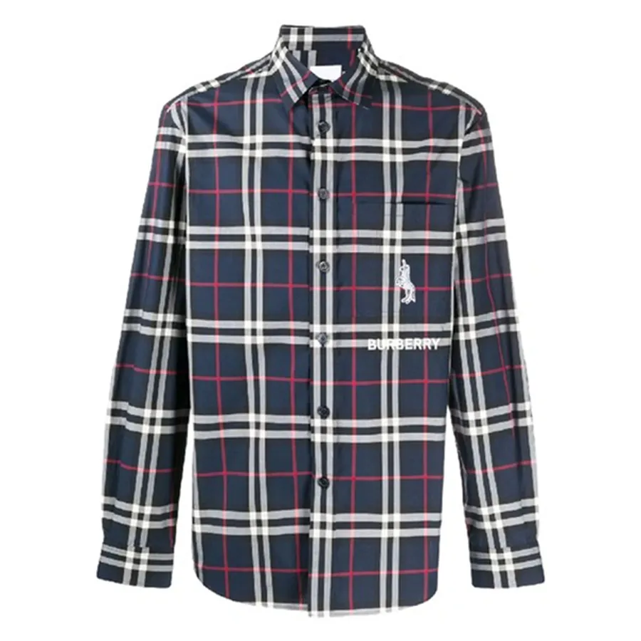 Thời trang Burberry 100% Cotton - Áo Sơ Mi Nam Burberry Unicorn Patch Check Shirt In Navy IP Check 8073492 Màu Xanh Navy Size XS - Vua Hàng Hiệu