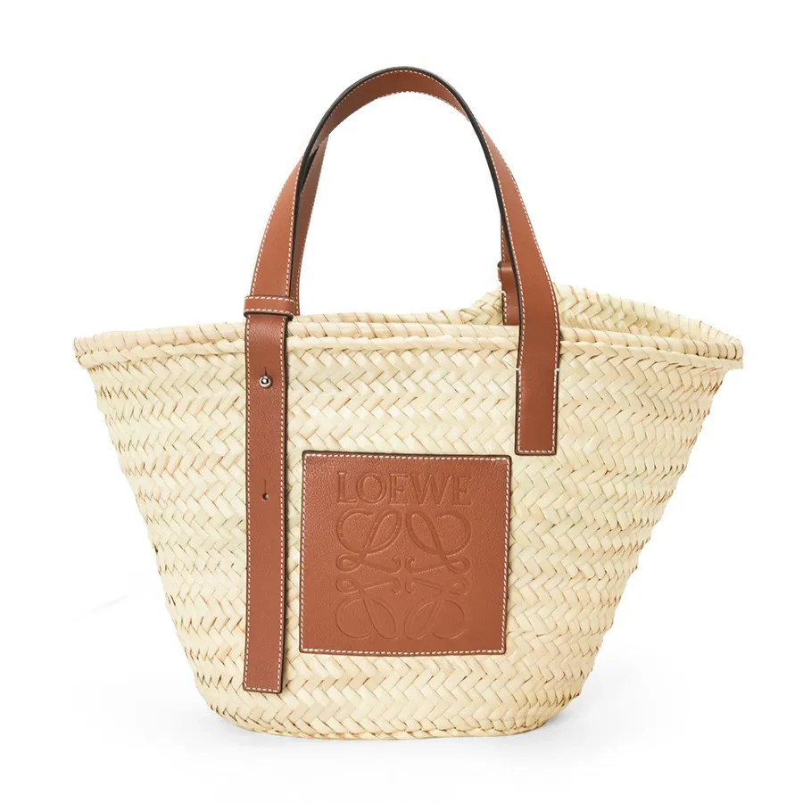 Túi xách Lá cọ và da cao cấp - Túi Tote Nữ Loewe Basket Bag In Palm Leaf And Calfskin Medium Màu Nâu Trắng - Vua Hàng Hiệu