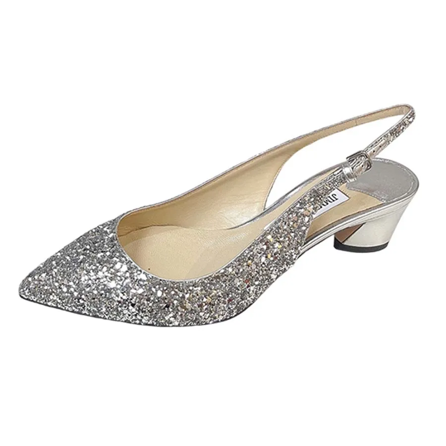 Giày Nữ - Giày Cao Gót Nữ Jimmy Choo Slingback Pointed Toe Glitter Shoes Champagne Màu Be Bạc Size 38.5 - Vua Hàng Hiệu
