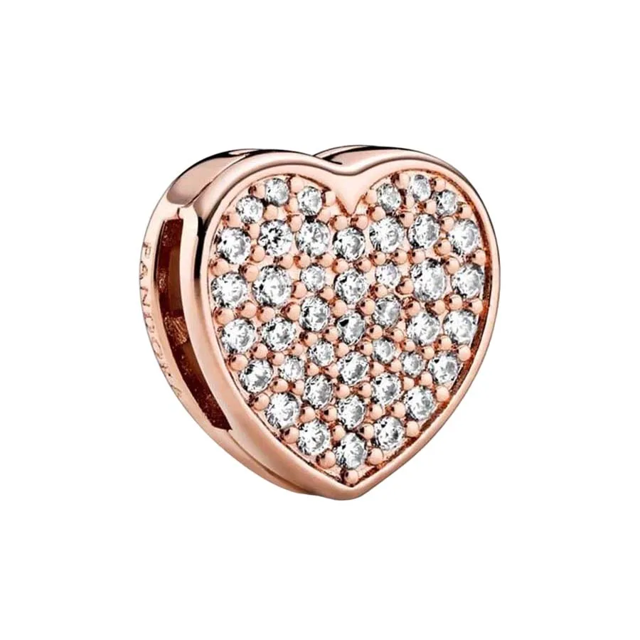 Pandora - Hạt Vòng Charm Pandora Pavé Heart Clip Charm 788684C01 Màu Vàng Hồng - Vua Hàng Hiệu