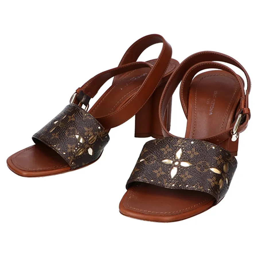 Dép Cao Gót Nữ Louis Vuitton LV Silhouette Monogram Canvas Ankle Strap Sandals Shoes Màu Nâu Đen Size 36