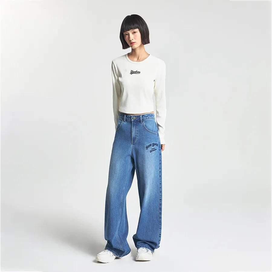 Quần Jean Nữ MLB Varsity Cursive Embroidery Wide Pants New