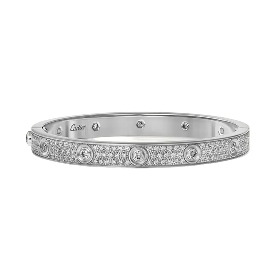 Vòng Đeo Tay Cartier Love Bracelet Vàng Trắng 18k, 216 Viên Kim Cương Màu Trắng Bạc (Chế Tác) Size 16