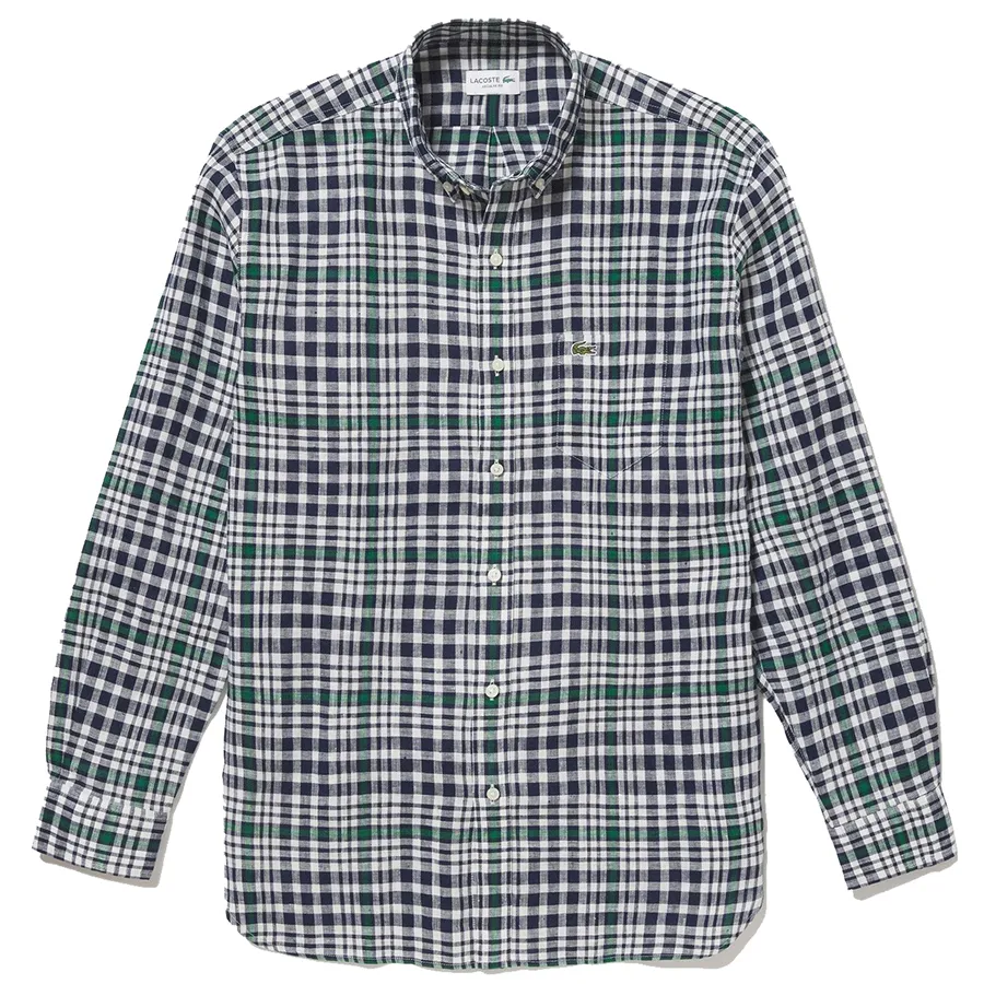 Áo Sơ Mi Nam Lacoste Men's Linen Check Button Down Shirt CH9869-166 Màu Kẻ  Xanh Size 38