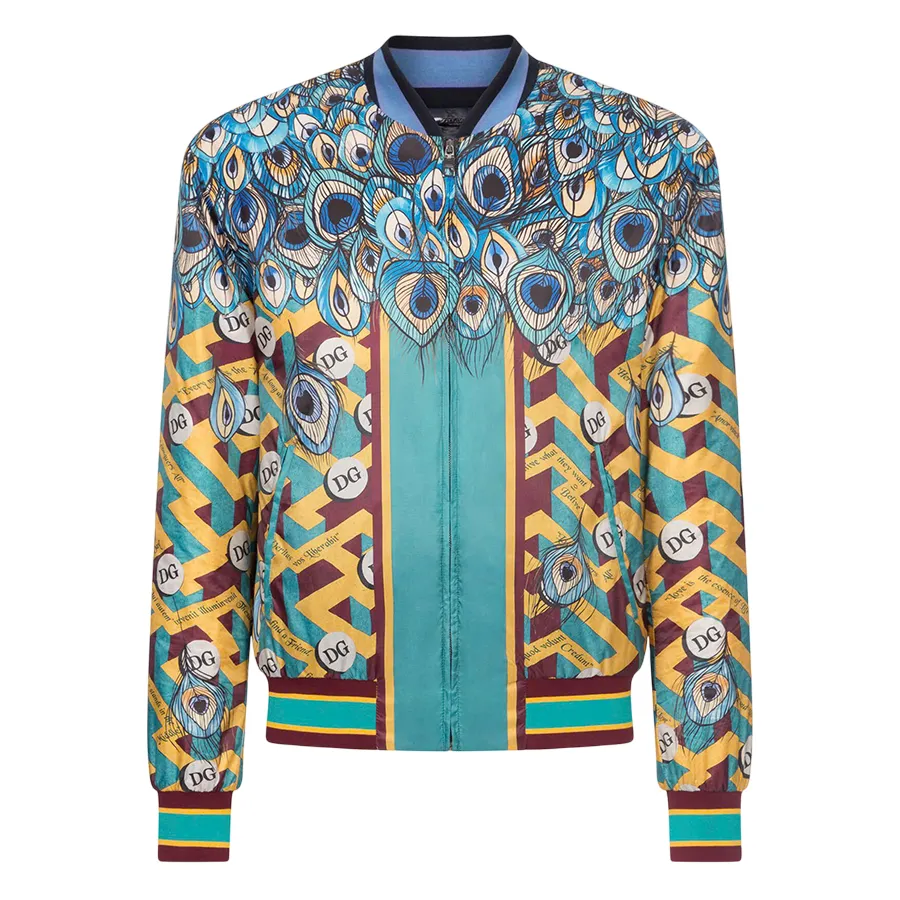 Dolce & Gabbana Maroon Peacock Feather Print Bomber Jacket