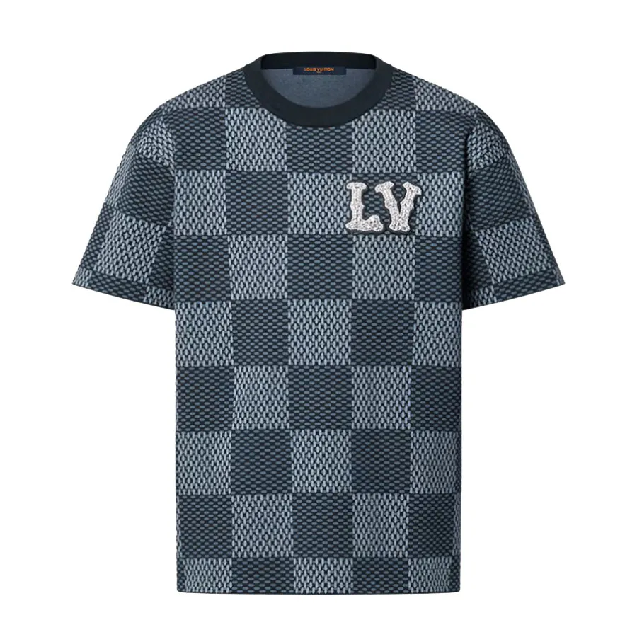 Áo Phông Nam Louis Vuitton LV Blue Damier Crewneck With Crystal LV Patch 1AGHTK Tshirt Màu Xanh Size M