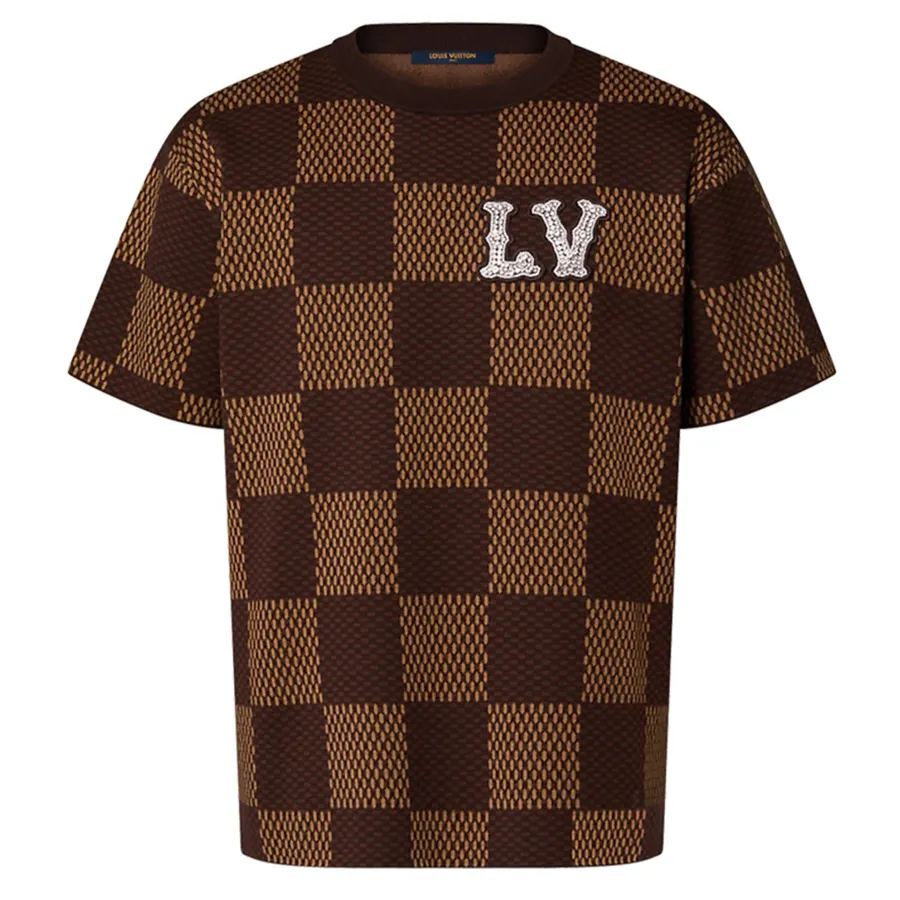 Áo Phông Nam Louis Vuitton LV Brown Damier Crewneck With Crystal Patch 1AFIUP Màu Nâu Size XS