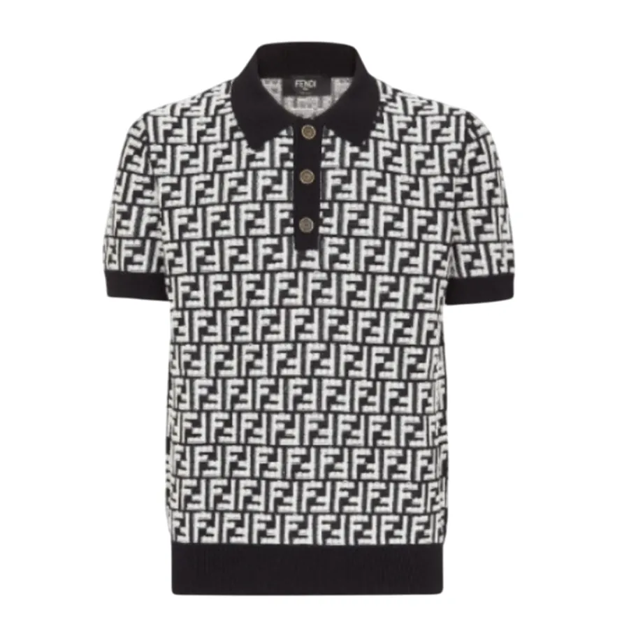 Áo Polo Len Nam Fendi FF Logo All Over Wool Short Sleeve FZC349 AR85 F04V6 Màu Đen Size 48