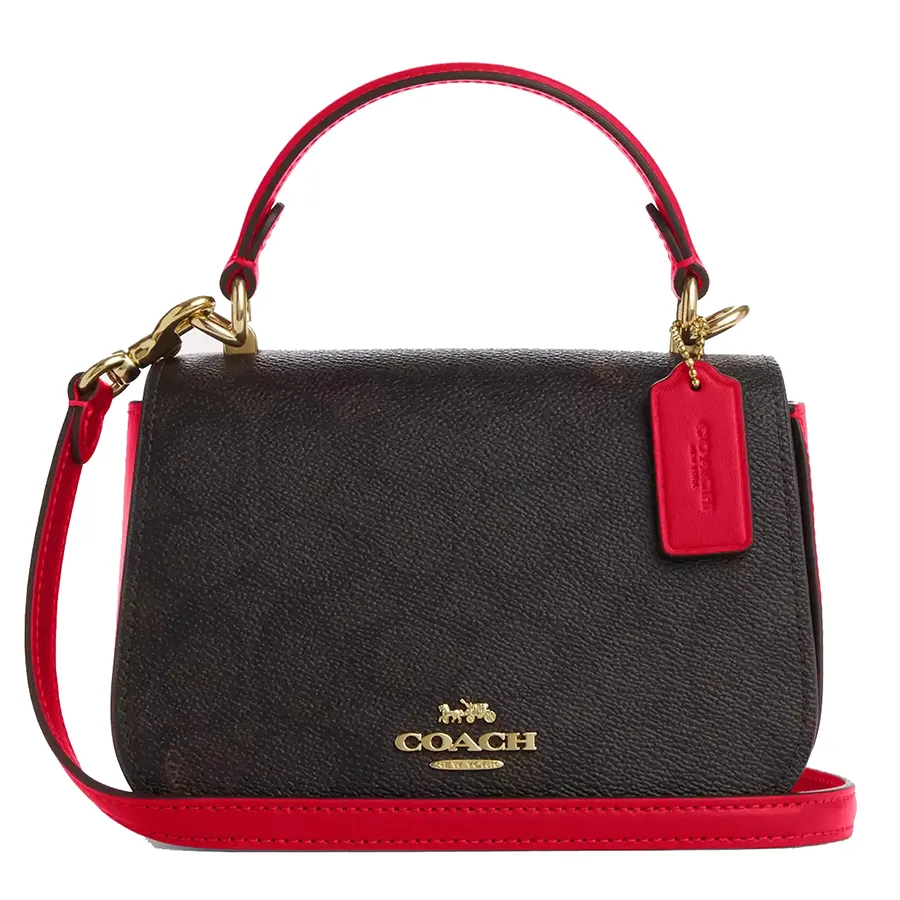 Túi Đeo Chéo Nữ Coach Lysa Top Handle Bag In Signature Canvas Gold/ Walnut/ Bold Red CX809 Màu Nâu Đen Phối Đỏ