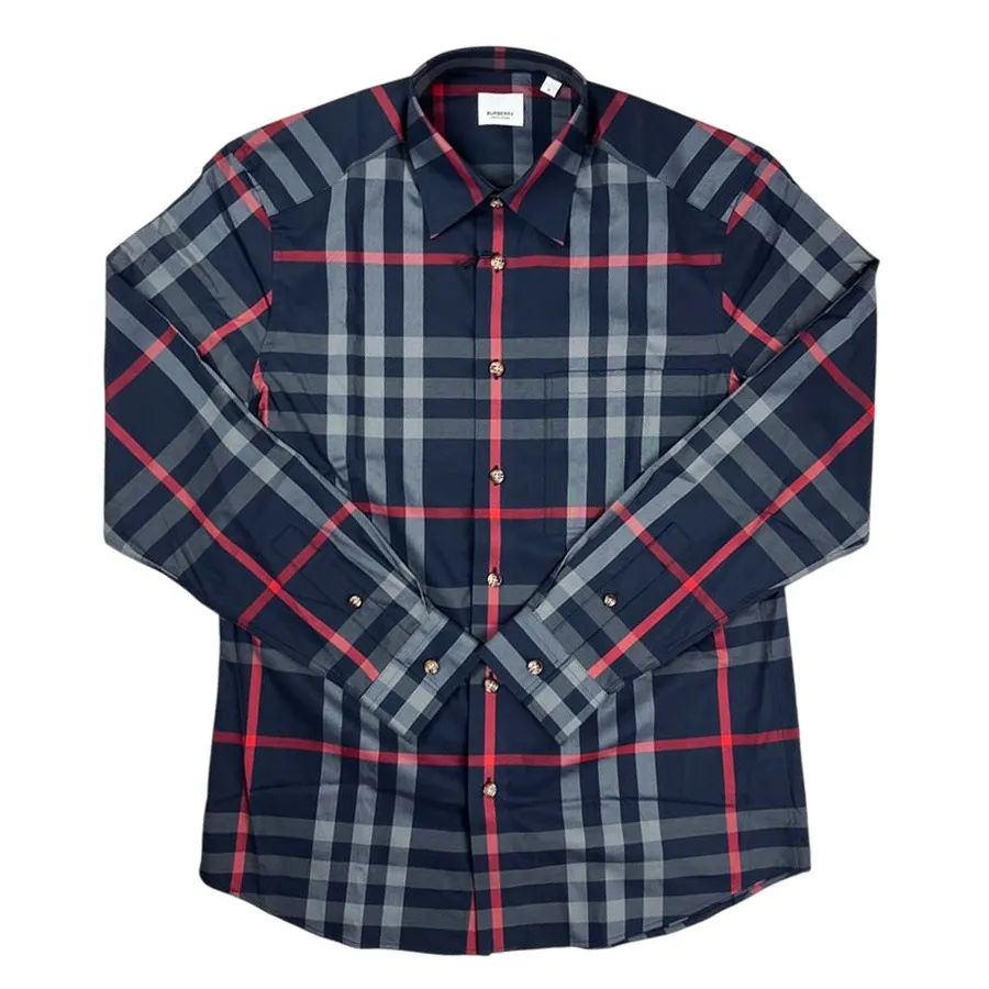 Áo Sơ Mi Nam Burberry Claverdon Check Shirt In Navy With Grey Long Sleeved Màu Xanh Kẻ Size M