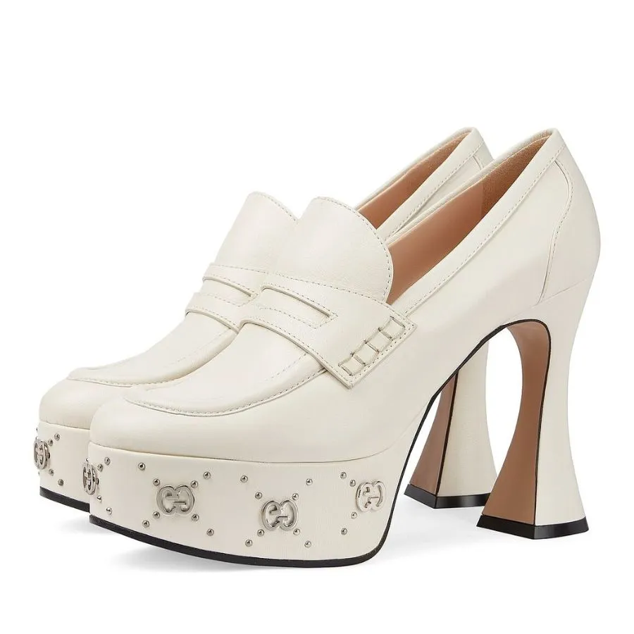 Giày Cao Gót Nữ Gucci Women's Platform Loafer With GG Studs Màu Trắng Size 37 N-HM