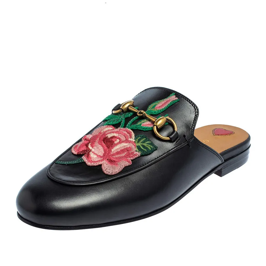 Dép Sục Nữ Gucci Mules Black Floral Embroidered Leather Princetown Horsebit Màu Đen Size 37