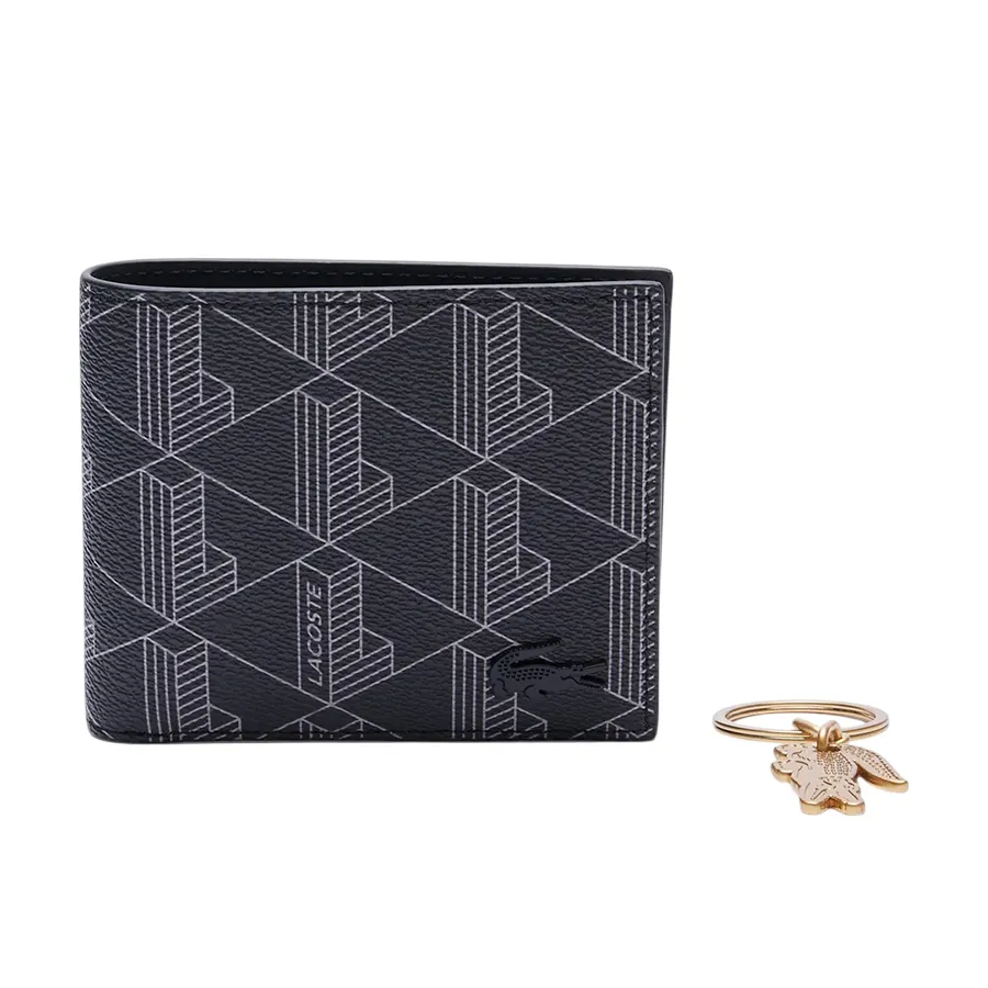 Set Ví Nam + Móc Khoá Lacoste Monogram Noir Gris NH4801LX H45 Màu Đen N-TL