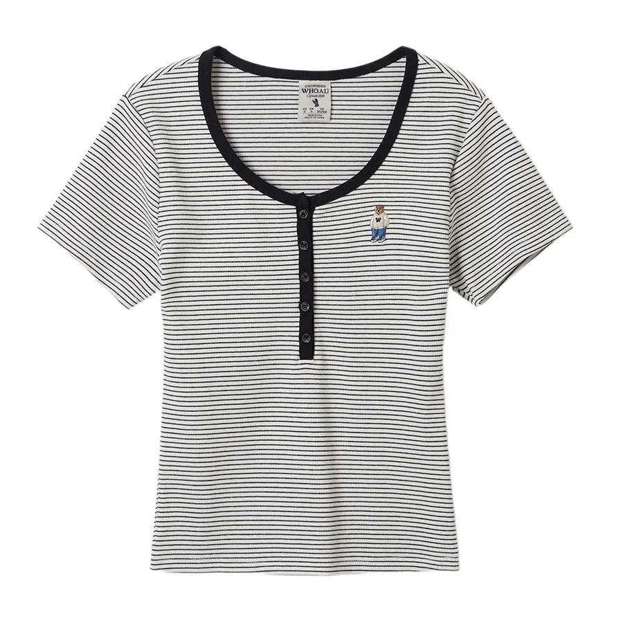 Áo Phông Nữ WHOAU Steve Ribbed Henry WHRAF2452F Tshirt Màu Đen