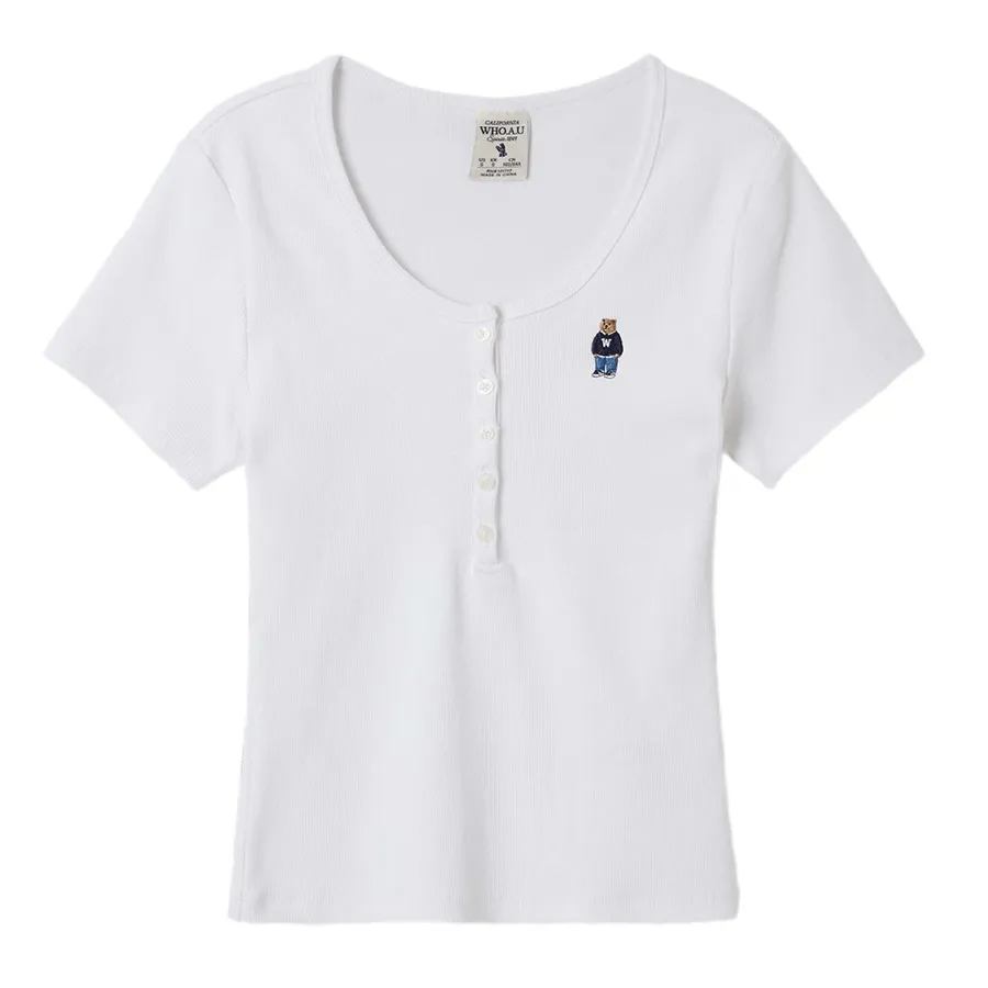 Áo Phông Nữ WHOAU Steve Ribbed Henry WHRAF2452F Tshirt Màu Trắng Size S