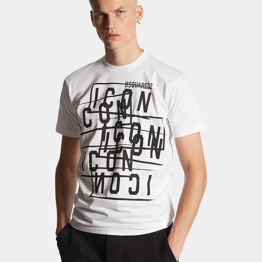 Áo Thun Nam DSquared2 Men's Round Neck Short Sleeve T-Shirt With Icon  Stamps Cool Fit Logo S79GC0087 Màu Trắng Size S