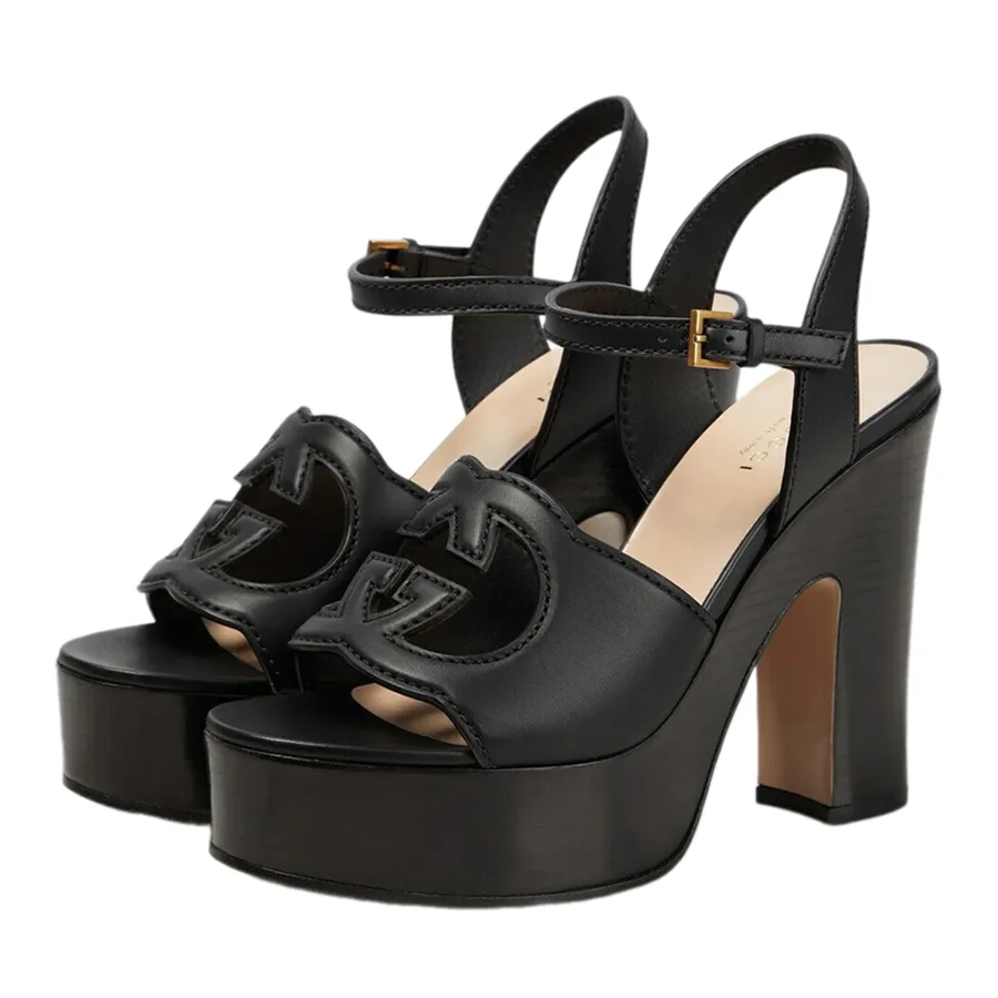 Dép Cao Gót Nữ Gucci Interlocking G Leather Platform Sandals Màu Đen Size 36 D-HY