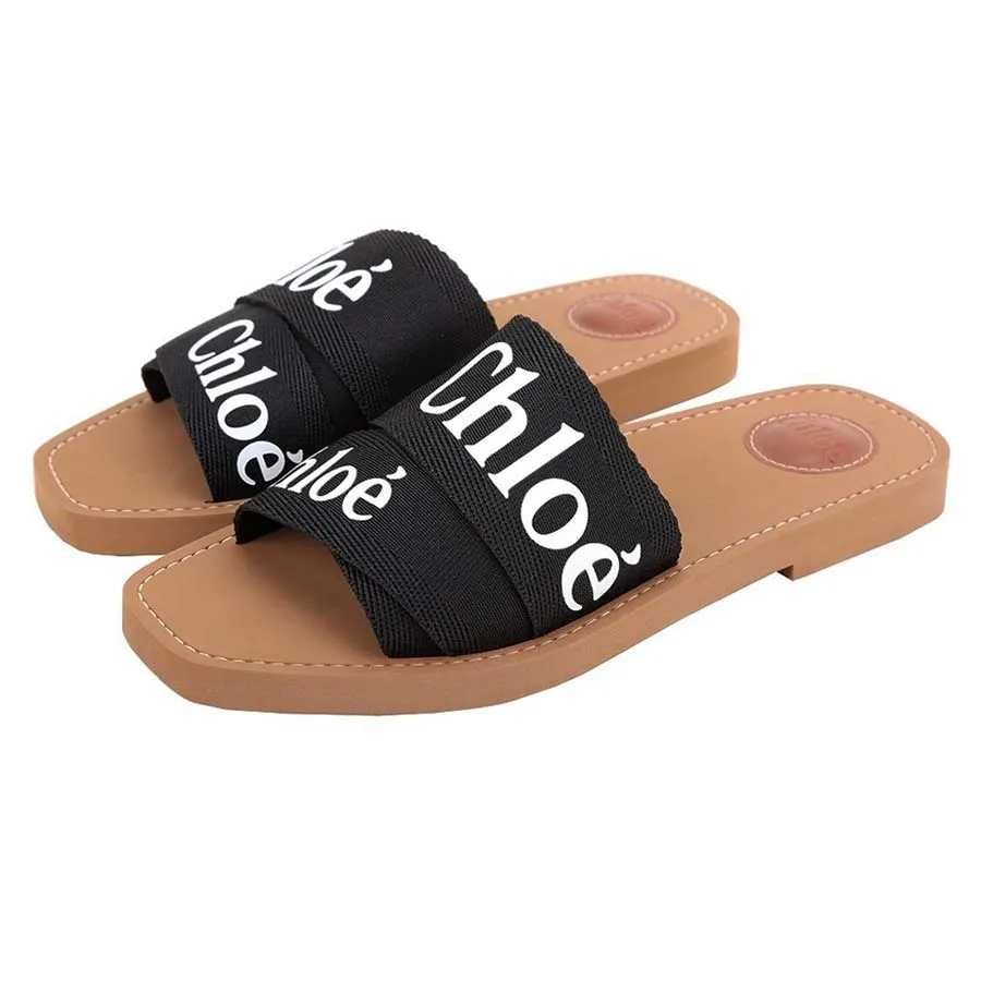 CHLOÉ SLIDE MULE IN NAVY BLUE DENIM AND BROWN CALFSKIN GOLD HARDWARE